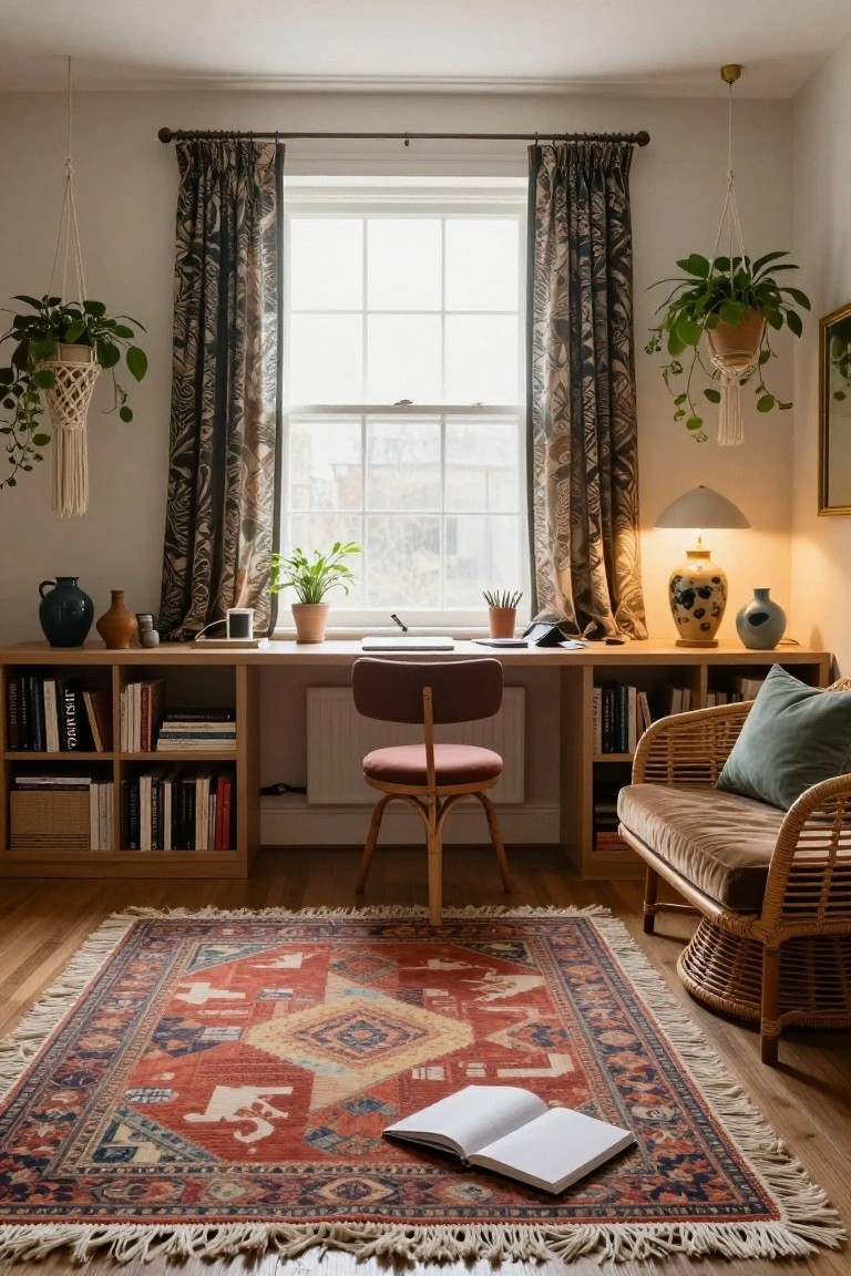 Cozy living room corner with wooden desk integrated into open bookshelves, red swivel chair, potted plants hanging from ceiling, woven bench with cushion, colorful patterned rug on wood floor, and window with patterned curtains.