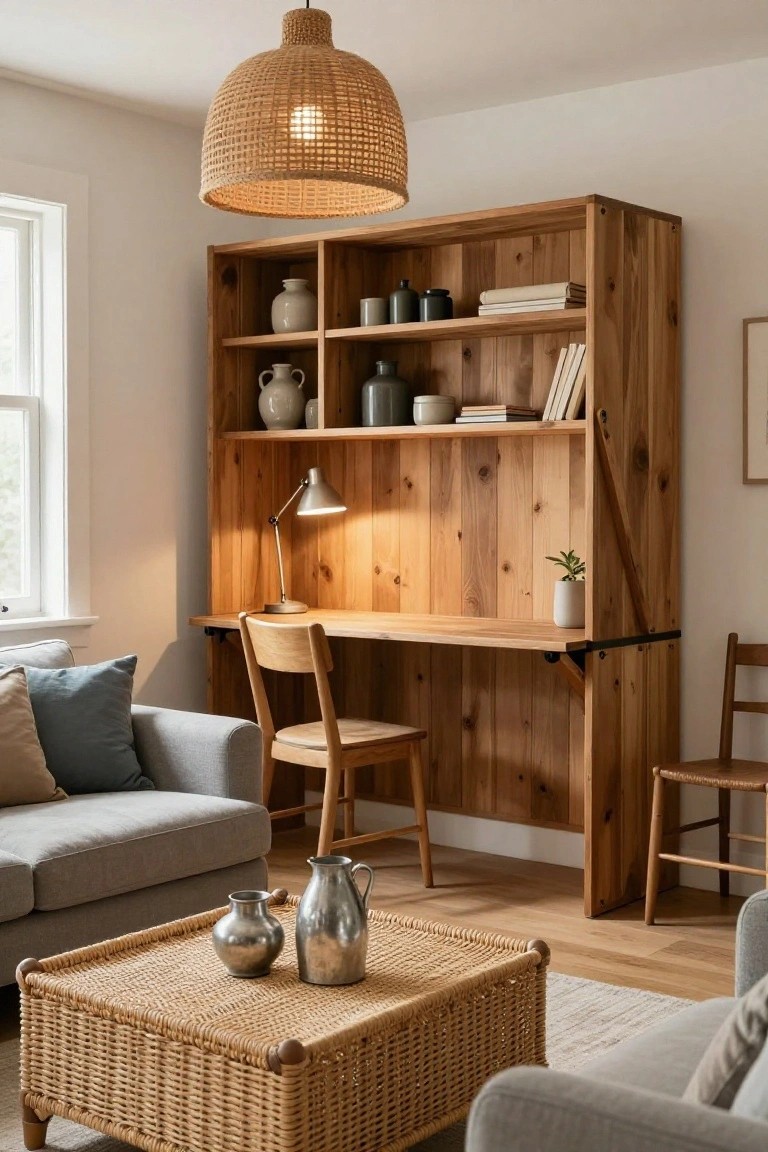Cozy wooden desk nook with woven pendant light, sofa, and rattan coffee table.