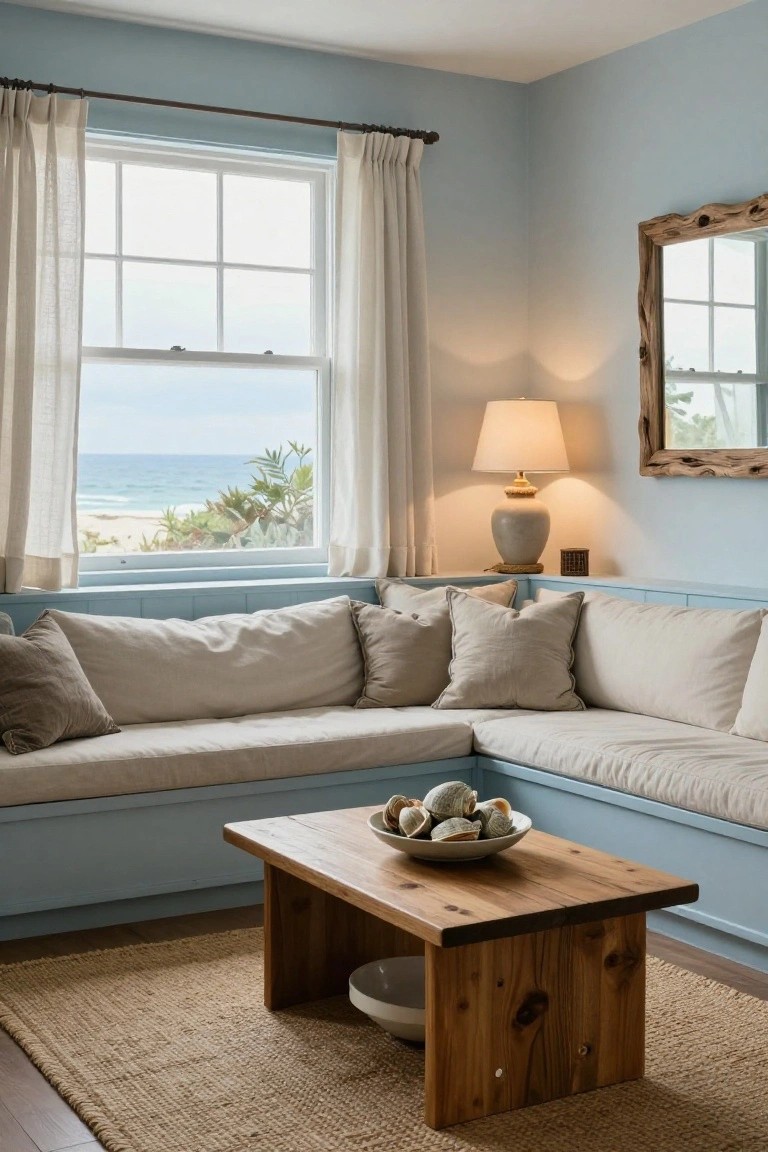 Coastal living room with blue built-in bench, linen cushions, and wooden coffee table.