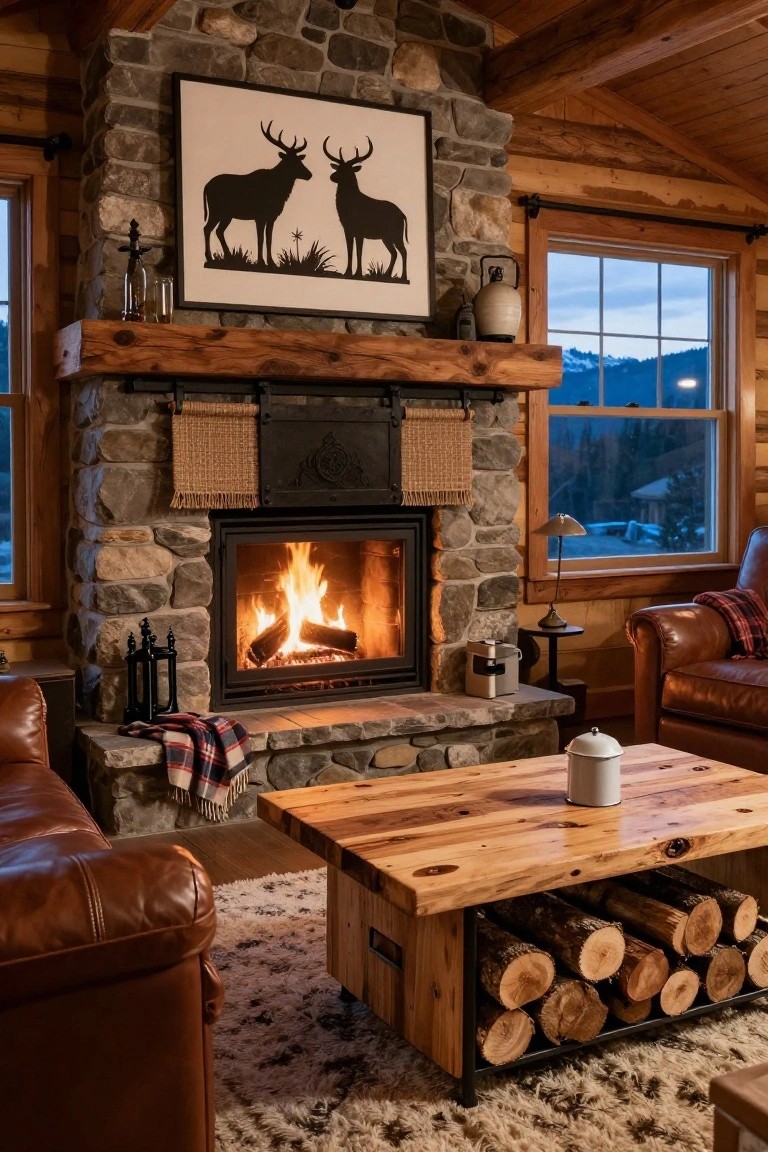Log cabin living room with stone fireplace, wooden coffee table storing firewood underneath, leather sofas, plaid blanket, and windows overlooking snowy mountains.