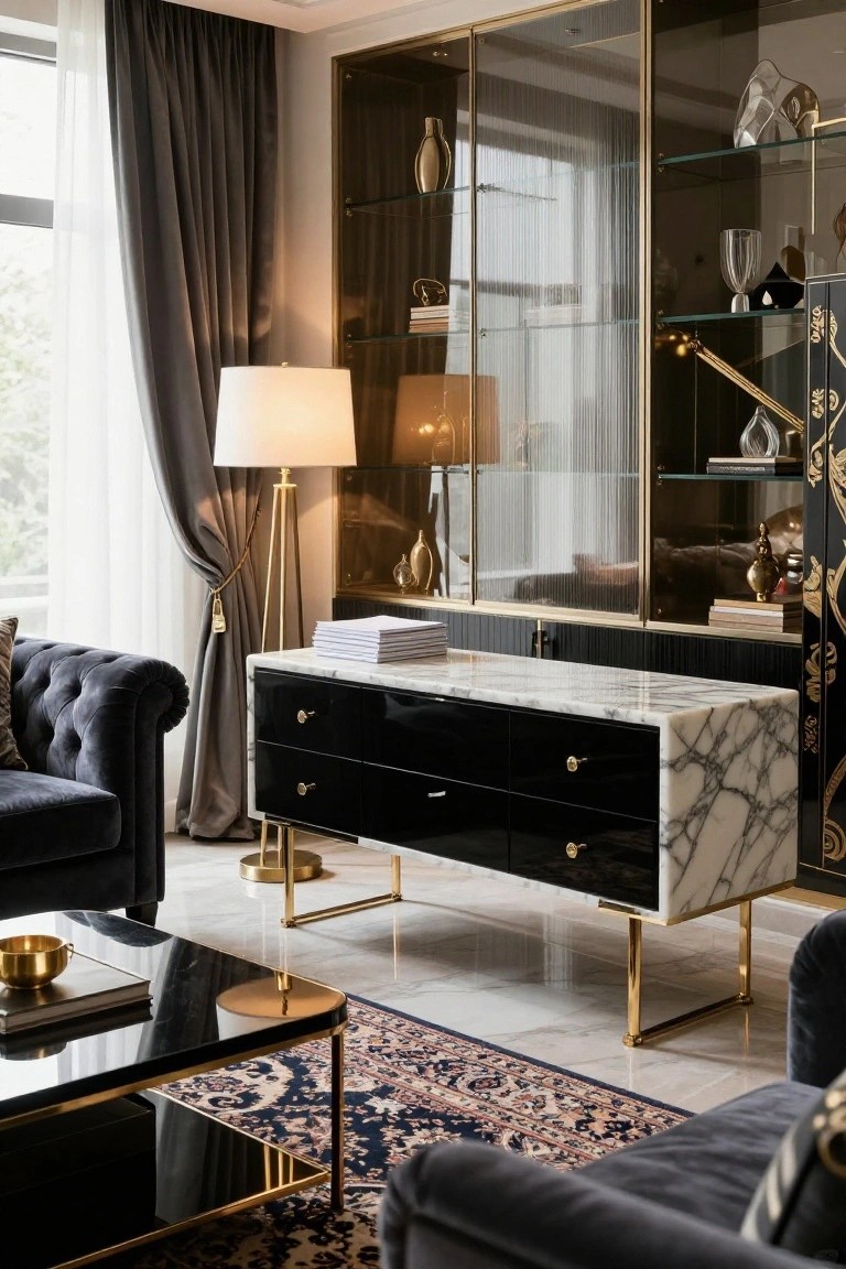 Luxurious living room interior with black lacquer console table on gold legs with marble top, velvet tufted sofas, gold floor lamps, glass display cabinets, and black marble coffee table on gray marble floor.