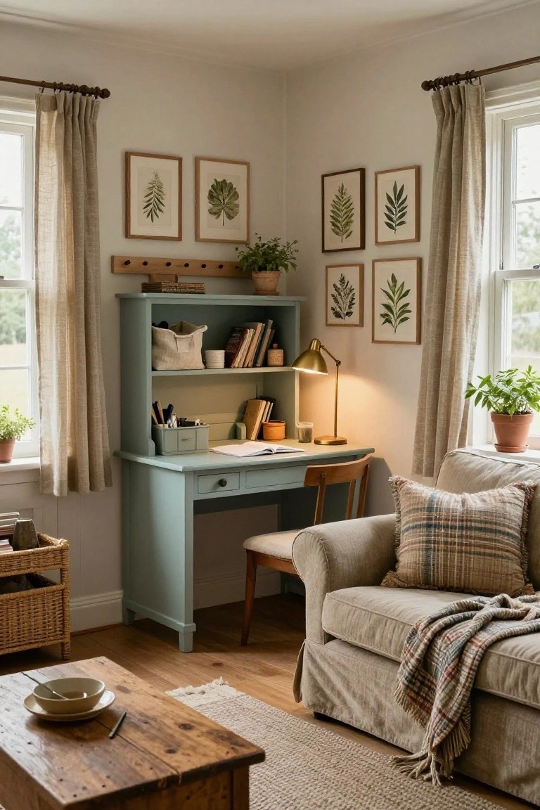 Living room corner with teal-painted hutch desk, wooden chair, desk lamp, books, potted plants, botanical prints on walls, beige sofa with plaid pillow and throw, wooden coffee table, and beige curtains on windows.