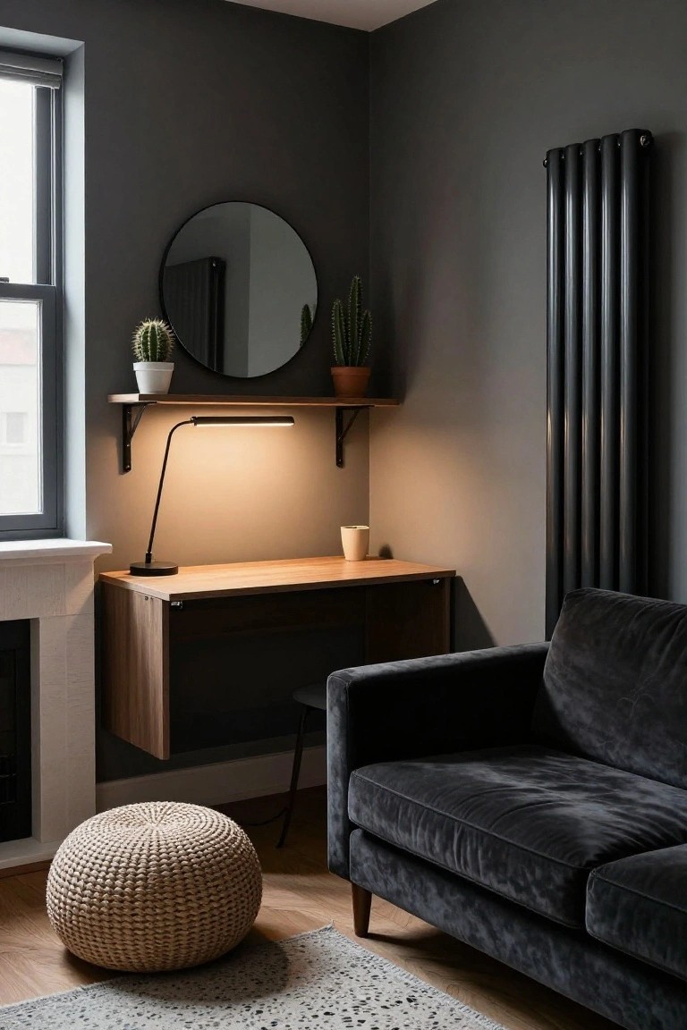 Gray-walled living room corner featuring a wall-mounted wooden desk with a black adjustable lamp, white mug, potted cacti on floating shelves above a round black mirror, black velvet sofa with woven pouf, and tall black radiator.