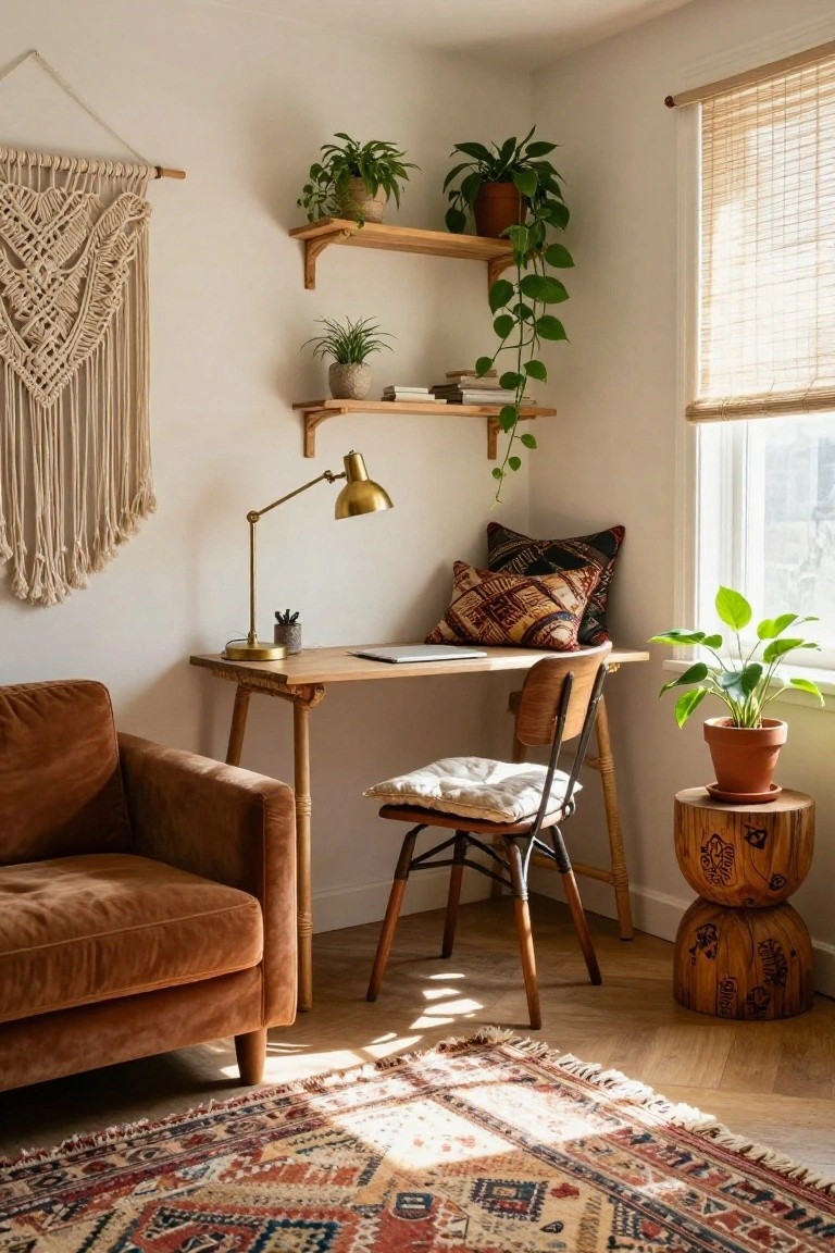 Living room corner with wooden desk holding a laptop, rattan chair with white cushion, nearby brown velvet sofa, potted plants on shelves and floor, macrame wall hanging, gold desk lamp, woven pillows, and patterned rug on wood floors.
