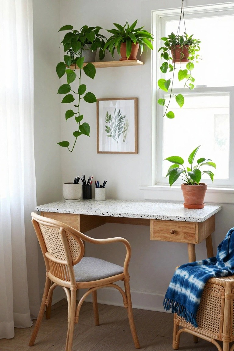 A white living room corner with a terrazzo-topped wooden desk, rattan armchair with gray cushion and blue throw, multiple potted plants on shelves and hanging near a window, and a framed leaf print on the wall.