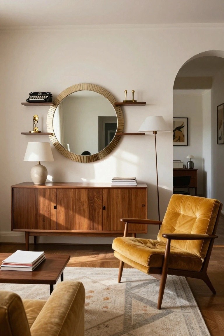 A sunlit living room with a low walnut credenza topped by stacked white books and a beige ceramic lamp, a large gold-rimmed round mirror on wooden wall shelves holding a black typewriter and gold sculptures, a yellow velvet armchair, wooden coffee table, and neutral patterned rug on parquet floors.