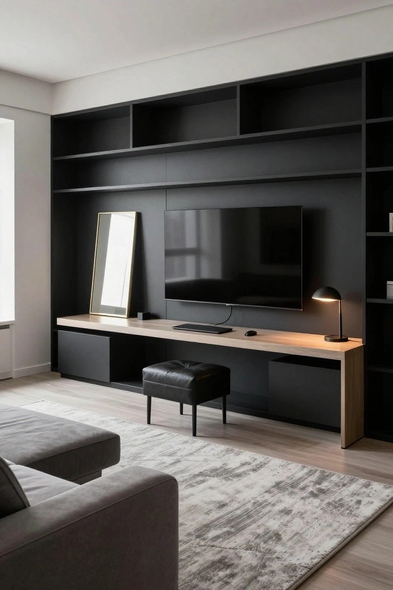 Modern living room with dark wall unit, TV, leather stool, and gray sofa.