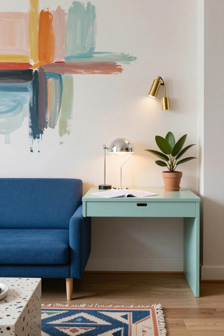 Modern desk setup with blue sofa, mint desk, and colorful abstract wall art.
