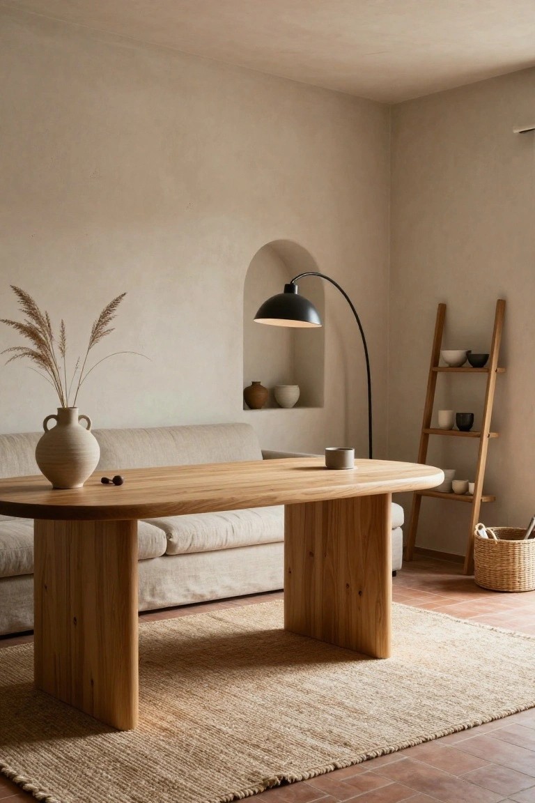 Minimalist room with a wooden table, arched niche, and terracotta floor.