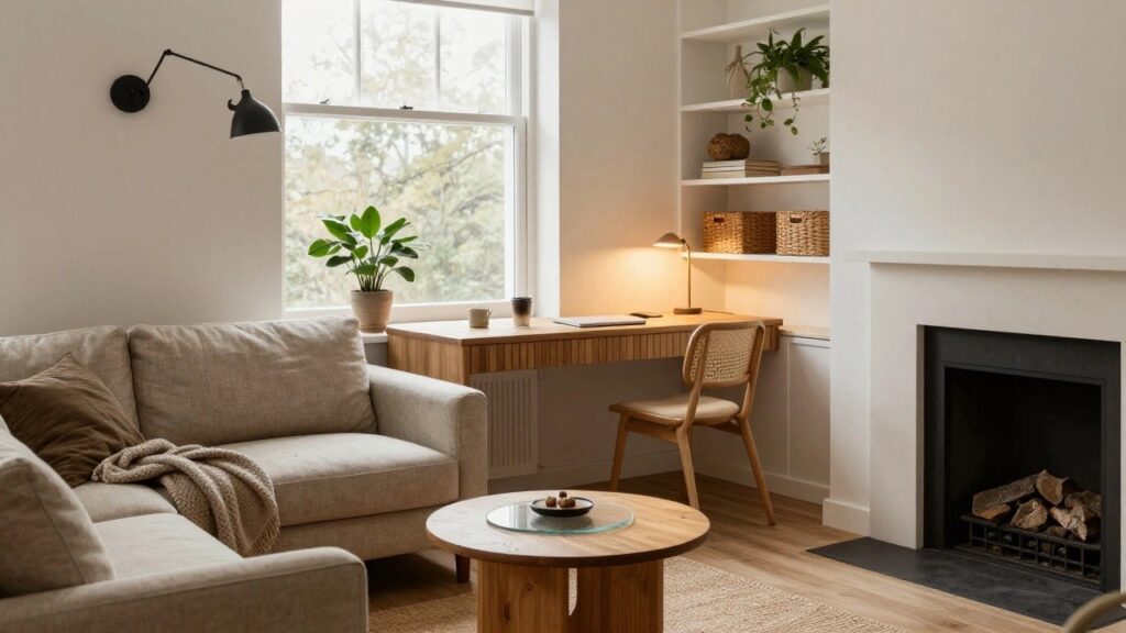 A neutral living room with a beige sofa, round wooden coffee table on a beige rug, wooden desk with rattan chair and shelves next to a window, plants, lamp, and white fireplace.