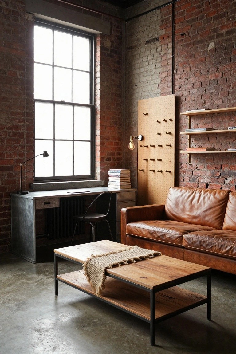 Loft-style living room interior with exposed brick walls, large multipane windows, metal desk and chair, leather sofa, wooden coffee table with textile runner, pegboard wall panel, and metal radiator.