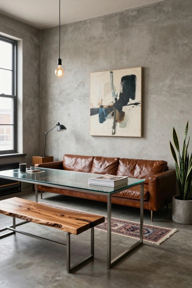 Minimalist interior with exposed concrete walls and floor, brown leather sofa, glass coffee table holding magazines, wooden bench, task lamp on wood side table with coffee cups, snake plant in pot, and abstract painting on wall.