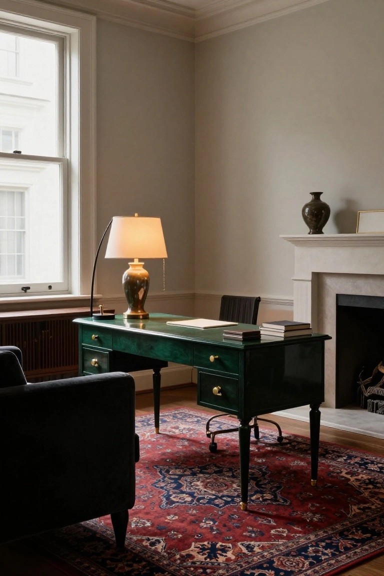 A green lacquered desk with drawers and a chair in a living room corner next to a window, adjustable lamp, marble fireplace, black armchair, and red Persian rug.