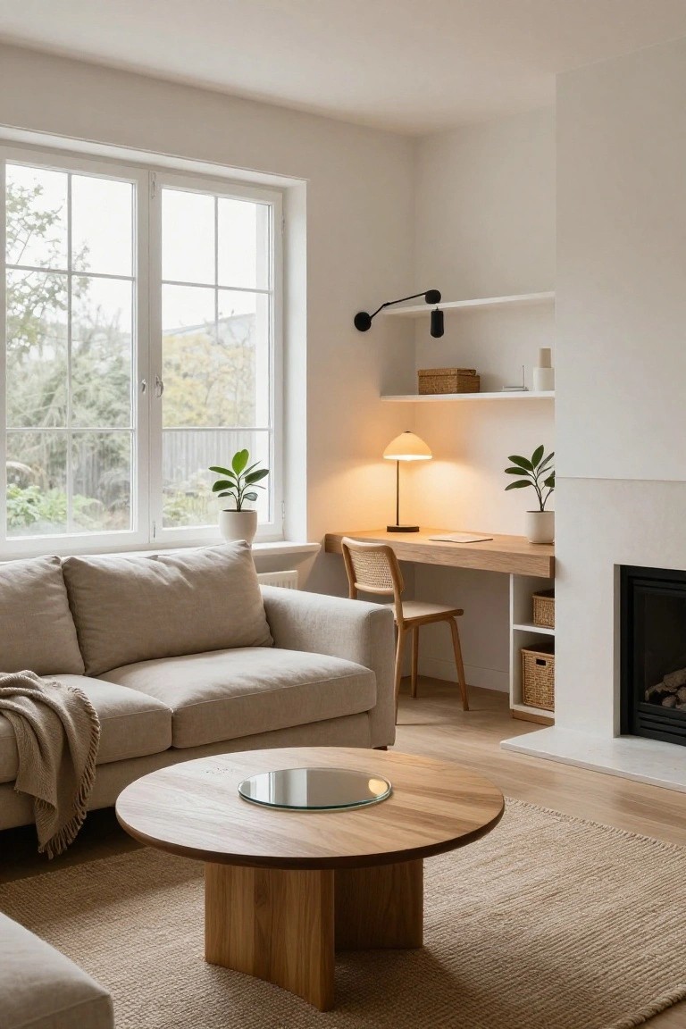 A neutral living room with a beige sofa, round wooden coffee table on a beige rug, wooden desk with rattan chair and shelves next to a window, plants, lamp, and white fireplace.