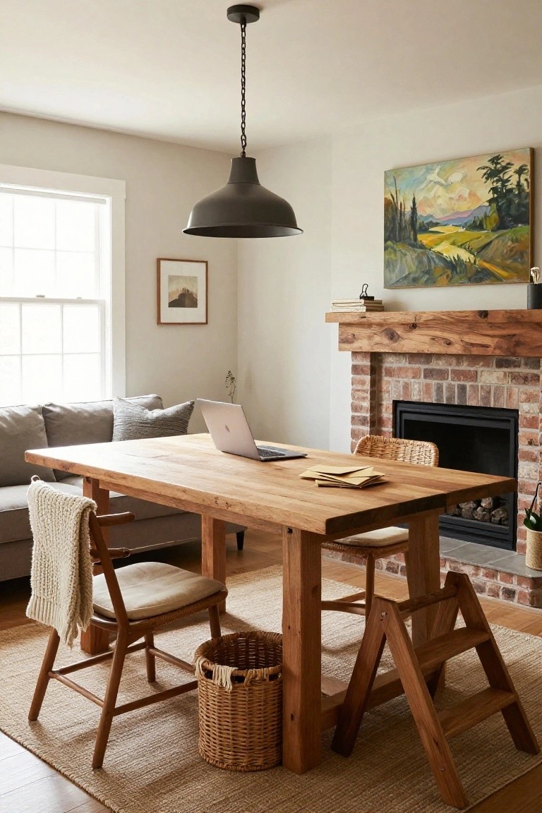 A living room corner with a light wooden rectangular table used as a desk holding a silver laptop and stacked papers, next to a gray sofa with throw blanket and pillows, rattan chairs, brick fireplace, pendant light, and woven basket on beige rug.