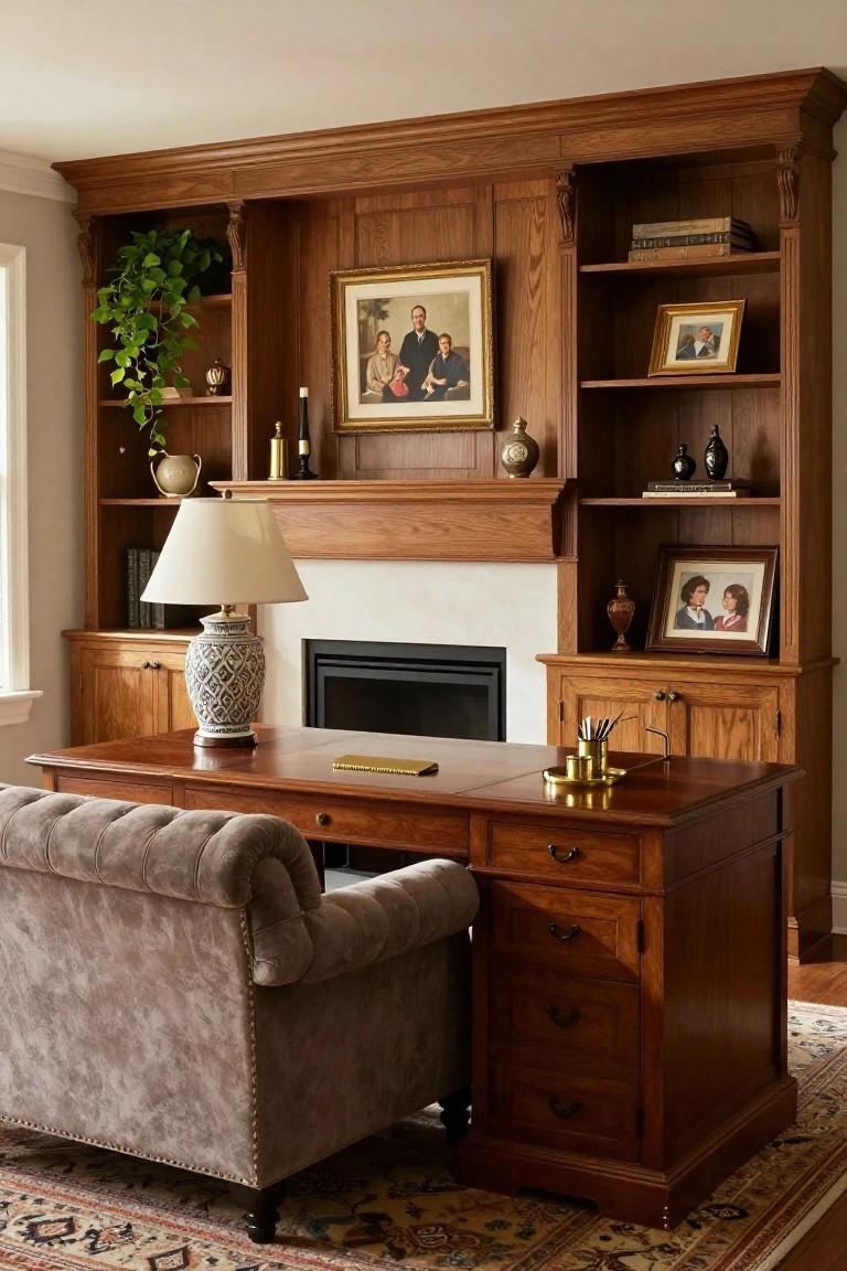Wooden-paneled living room with built-in cabinetry, shelves holding books and photos, a wooden desk, gray tufted armchair, table lamp, fireplace, and potted plant.