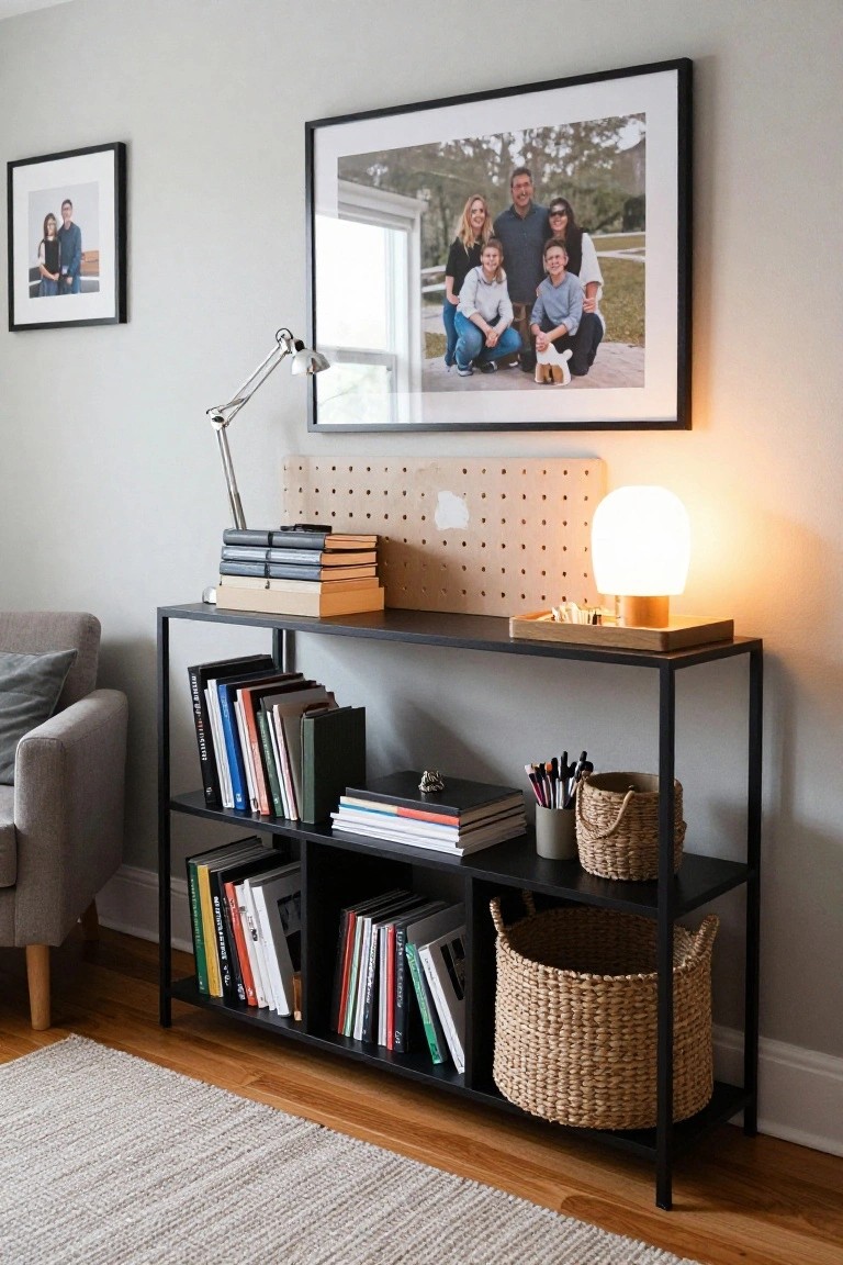 A narrow black metal shelving unit in a light gray living room holds books, stacked papers, woven baskets, pens, and a pegboard organizer with lamps and family photos on the wall above.
