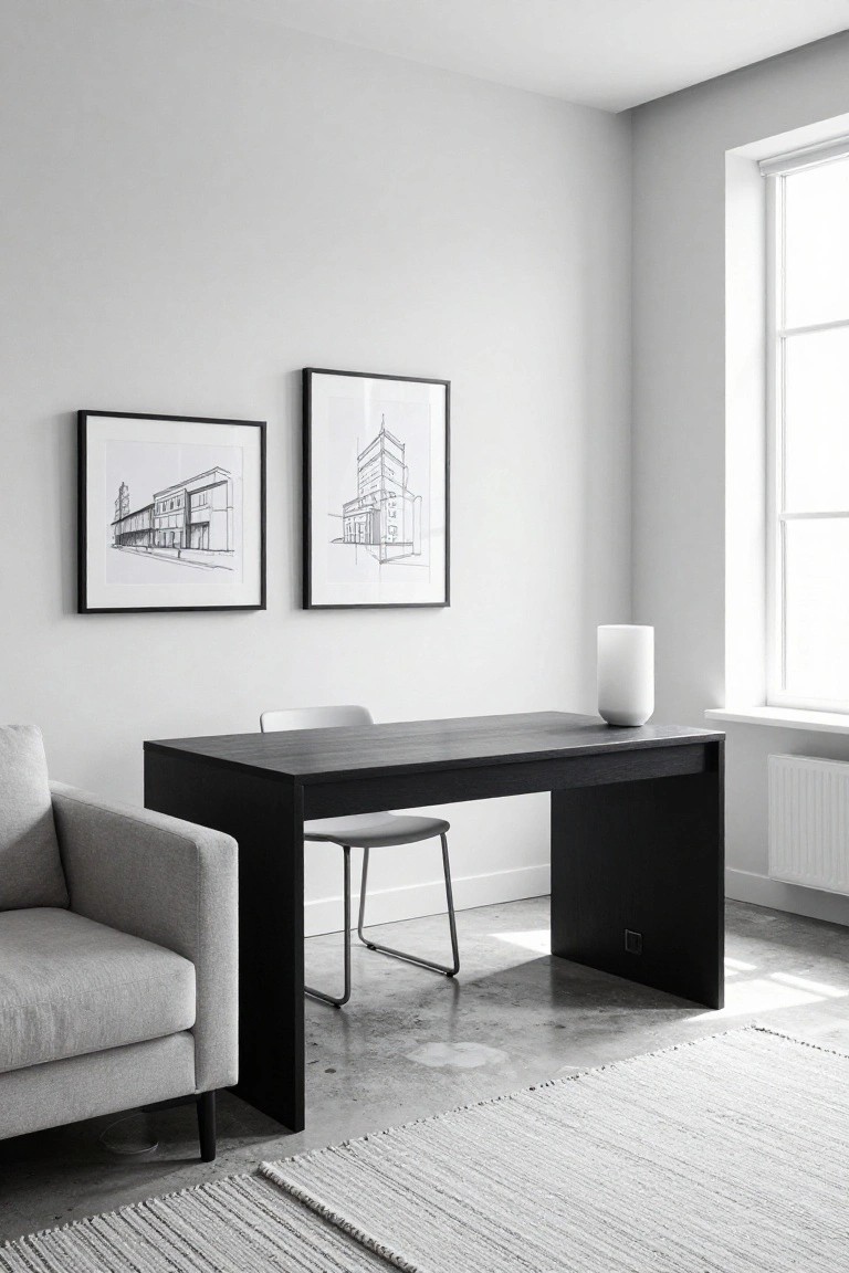 Modern living room corner featuring a slim black wooden desk with a white chair, adjacent gray sofa, two black-framed white line drawings of buildings on a light gray wall, white cylindrical lamp on desk, large window, and concrete floor with white rug.
