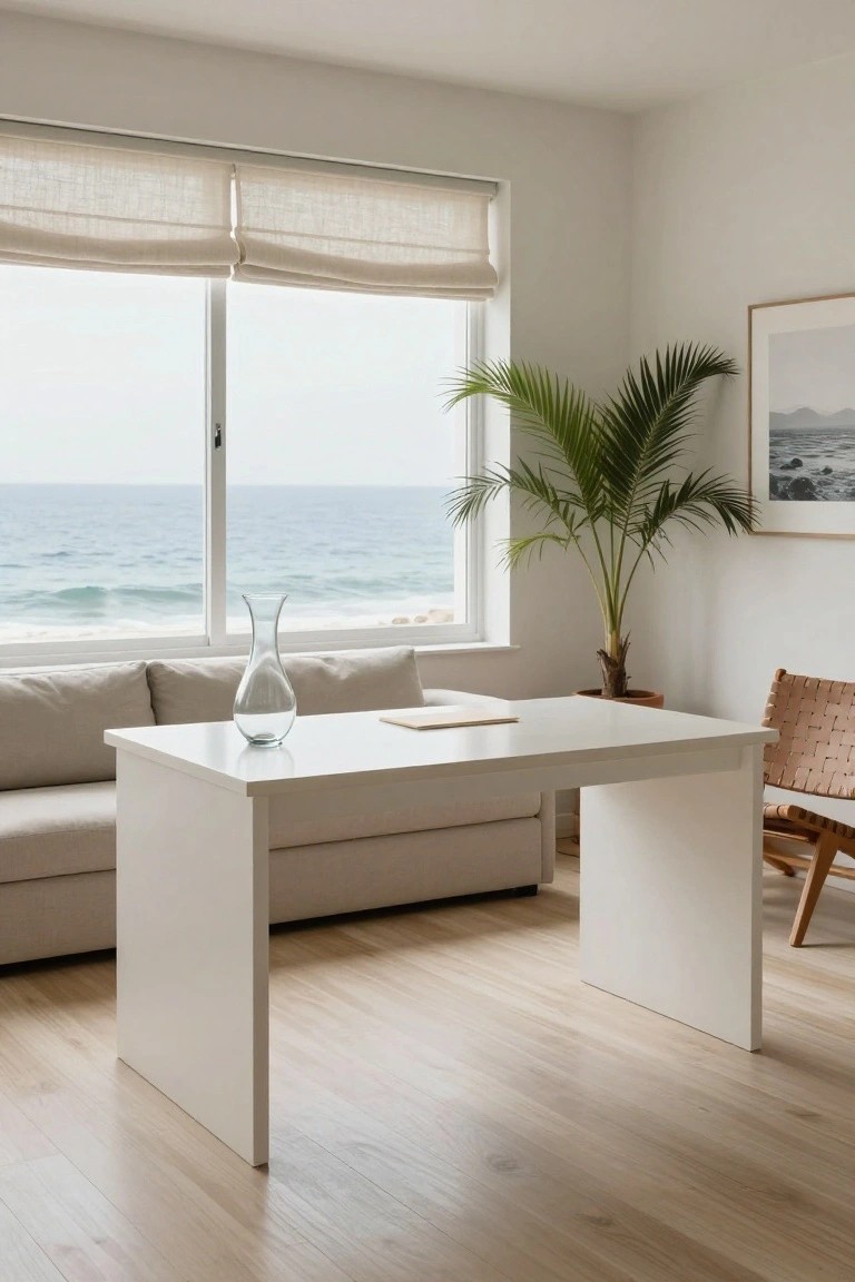 A bright living room office zone with a white desk next to a beige sofa, glass vase on the desk, potted palm plant, rattan chair, and large windows showing the ocean.