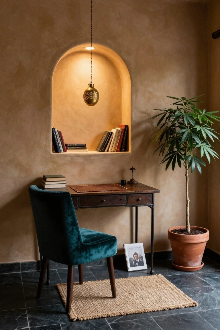 Cozy office corner featuring teal velvet armchair at wooden desk with leather inset, arched beige wall niche with bookshelves and hanging brass lantern, tall potted plant in terracotta pot, seagrass rug on dark tiled floor.