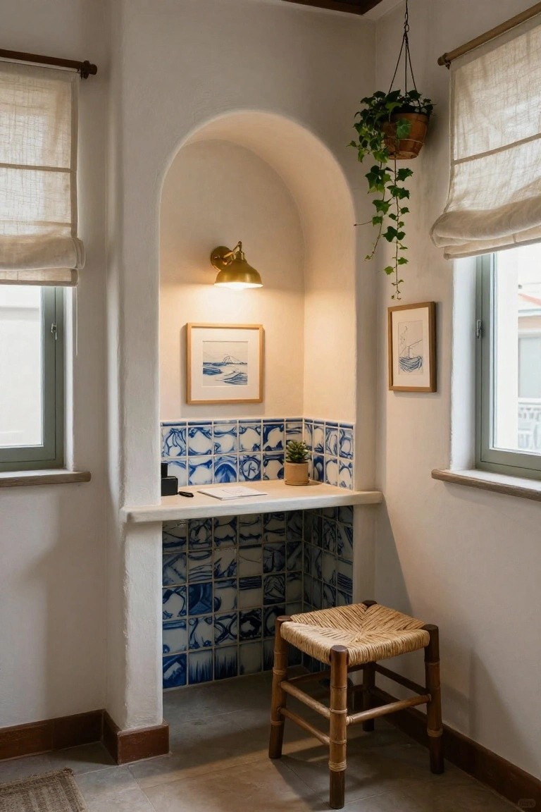 Arched white alcove containing a low white desk with blue patterned tile backsplash, small plant, papers, black speaker, gold wall lamp, framed artwork, woven stool in front, hanging ivy plant, and linen-shaded windows on both sides in a white interior room.