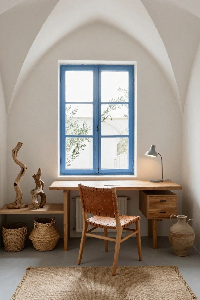 Small home office in white arched room with blue-framed double window overlooking olive branches, wooden desk with drawers, braided leather chair, gray lamp, driftwood on shelf, wicker baskets, terracotta vase, and seagrass rug on floor.