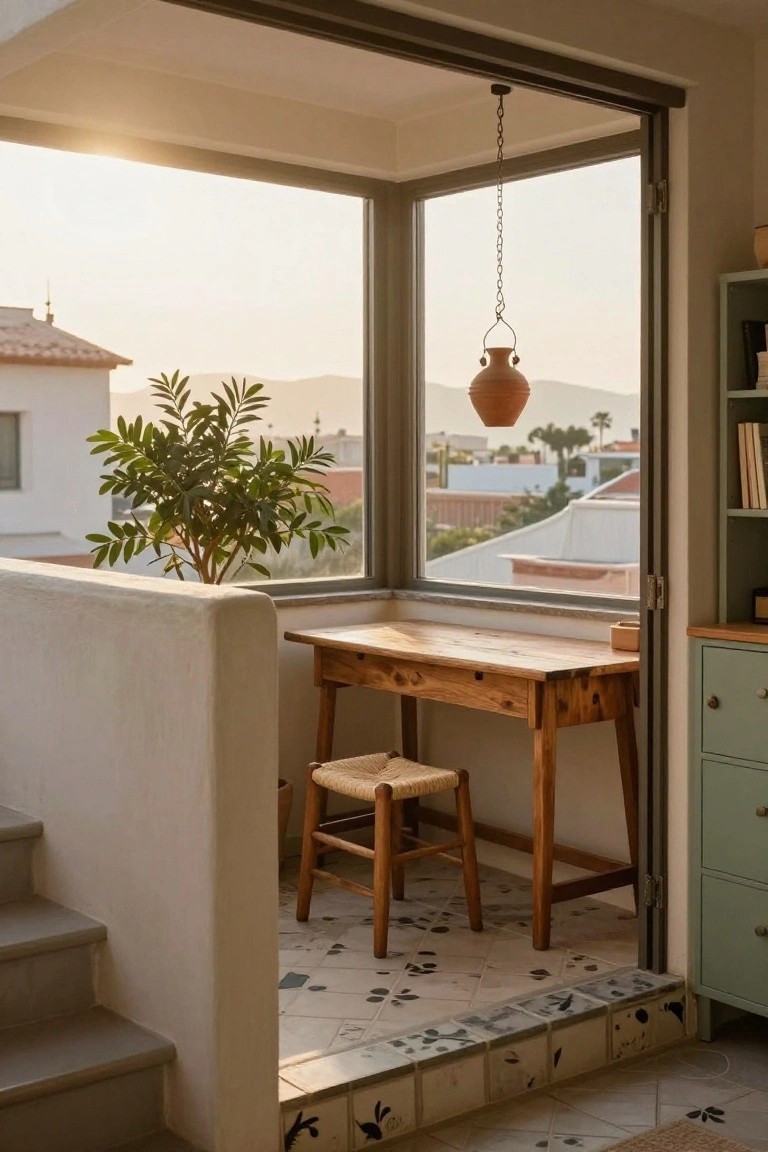 Wooden desk and rattan chair on a sunny balcony with open sliding glass doors overlooking white houses, mountains, and palm trees at sunset, plus a green potted plant, hanging terracotta lamp, and tiled floor with steps.