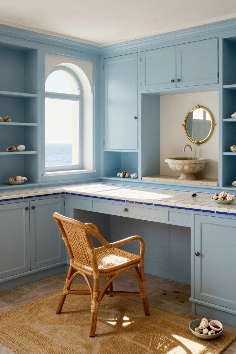Corner interior with light blue painted wooden cabinets surrounding a desk, rattan arm chair, white tiled countertop edged in blue delft tiles, shell decorations on shelves and surfaces, arched window overlooking ocean, gold mirror, and adjacent stone sink basin on a tiled vanity.