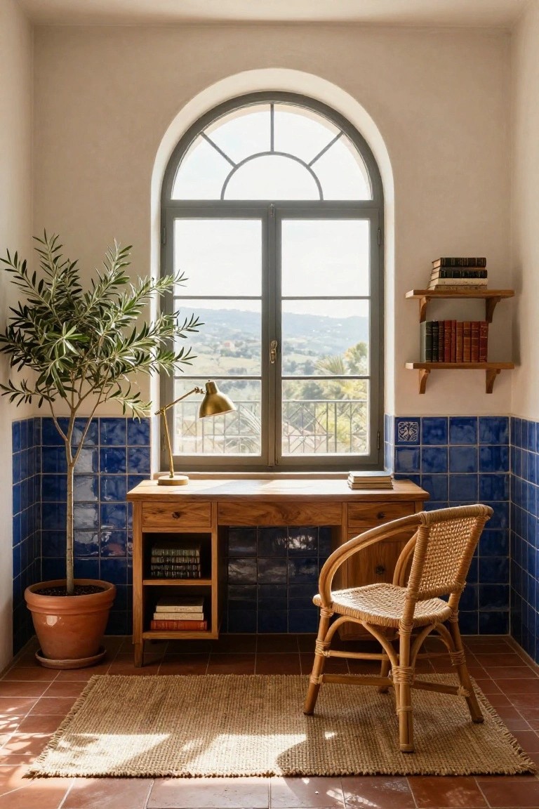 Home office interior with wooden desk, rattan chair, blue tiles on lower walls, potted olive tree, bookshelves, brass lamp, and arched window overlooking hills.