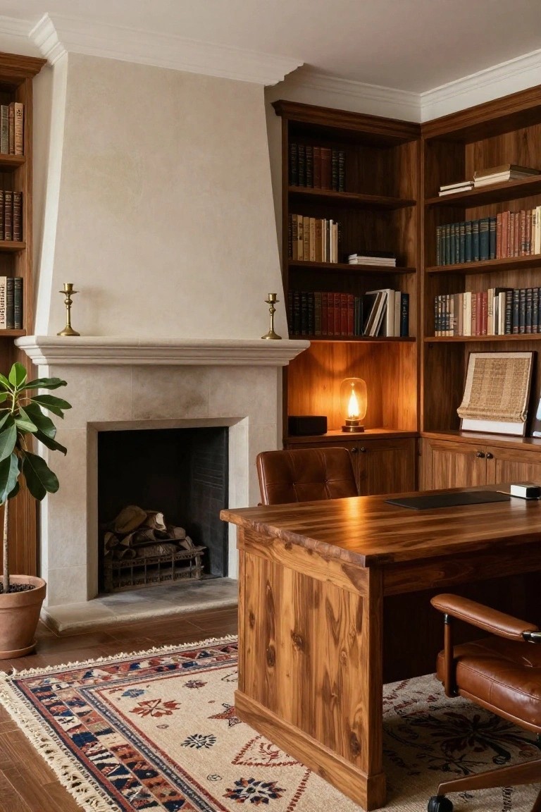 Wooden office interior with built-in bookshelves flanking a stone fireplace containing logs, wooden desk, leather chairs, potted plant, brass candlesticks, lamp, and patterned rug.