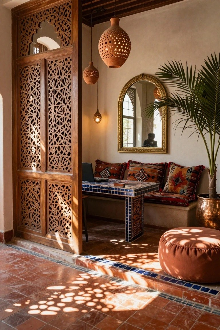 Indoor office nook with open carved wooden lattice screen doors, built-in beige banquette seating covered in red and orange patterned cushions, blue-tiled low table holding a laptop, hanging terracotta lamps, gold-framed mirror, potted palm plant, and terracotta tile floor.