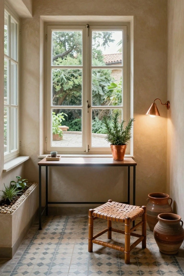Beige interior nook with wooden console table by large open window overlooking lush garden, rattan stool, potted rosemary plant on table, terracotta pots on floor, blue diamond-patterned tile floor.