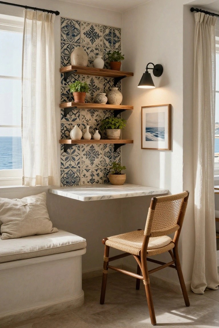 A compact home office nook with floating white marble desk, rattan chair, cushioned white bench, wooden shelves holding plants and ceramic pots against blue patterned tile wall, large window with sheer curtains overlooking the ocean.
