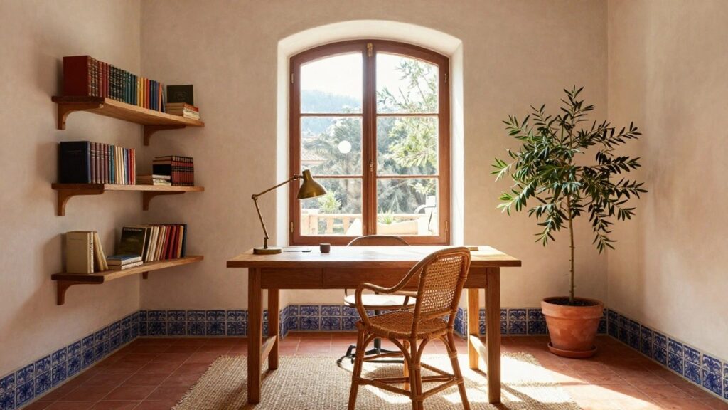 Home office interior with wooden desk, rattan chair, blue tiles on lower walls, potted olive tree, bookshelves, brass lamp, and arched window overlooking hills.