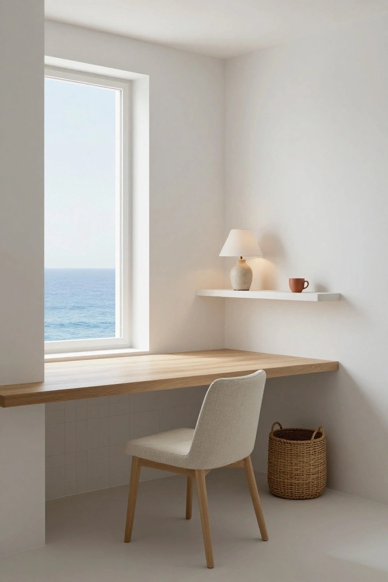Minimalist white corner office with floating wooden desk, cream upholstered chair, woven basket on floor, wall shelf holding ceramic lamp and mug, and large window showing ocean view.