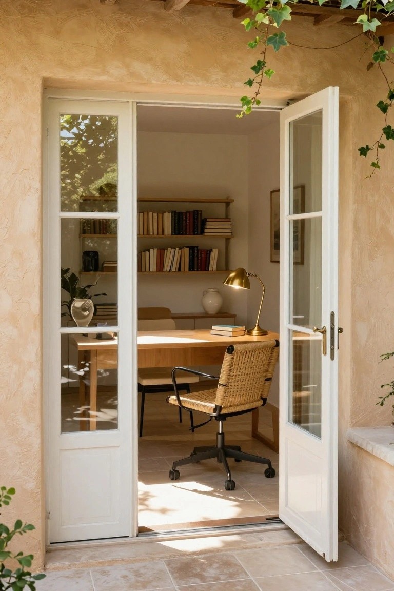 Open white French doors framing a home office with wooden desk, rattan chair on wheels, oak bookshelves filled with books, gold desk lamp, white vase, and potted plant, against beige stucco walls with ivy vines and terrace flooring outside.