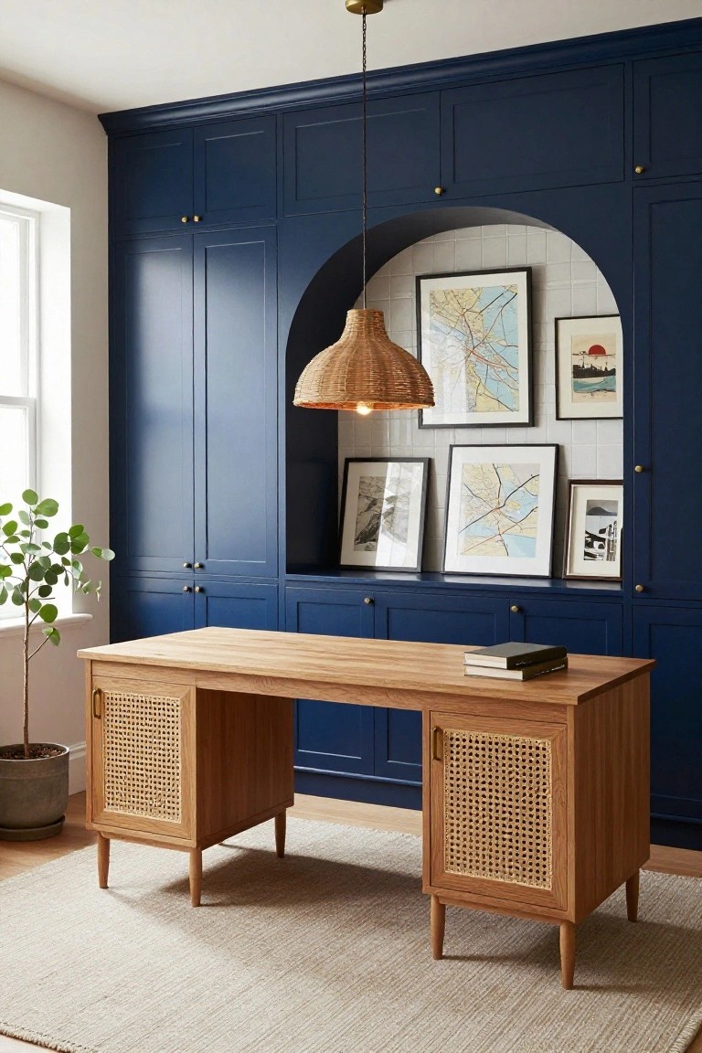 Home office with navy blue built-in cabinets along one wall, featuring an arched tiled niche with framed artwork and maps, rattan pendant light, wooden desk with cane doors, potted plant, and beige rug.