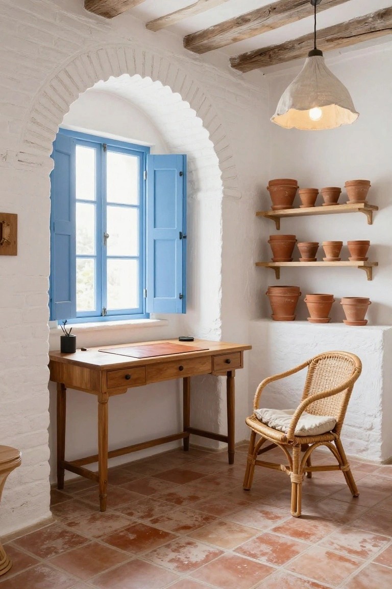 Whitewashed interior room featuring an arched window with open blue shutters, wooden desk with leather blotter, rattan chair, wooden shelves stacked with various terracotta pots, and terracotta tile floor.