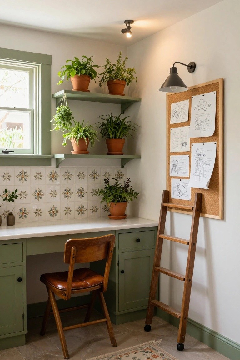 Home office corner with sage green cabinets and floating shelves holding multiple potted plants, white desk with wooden chair, corkboard pinned with sketches, and wooden ladder shelf leaning nearby.