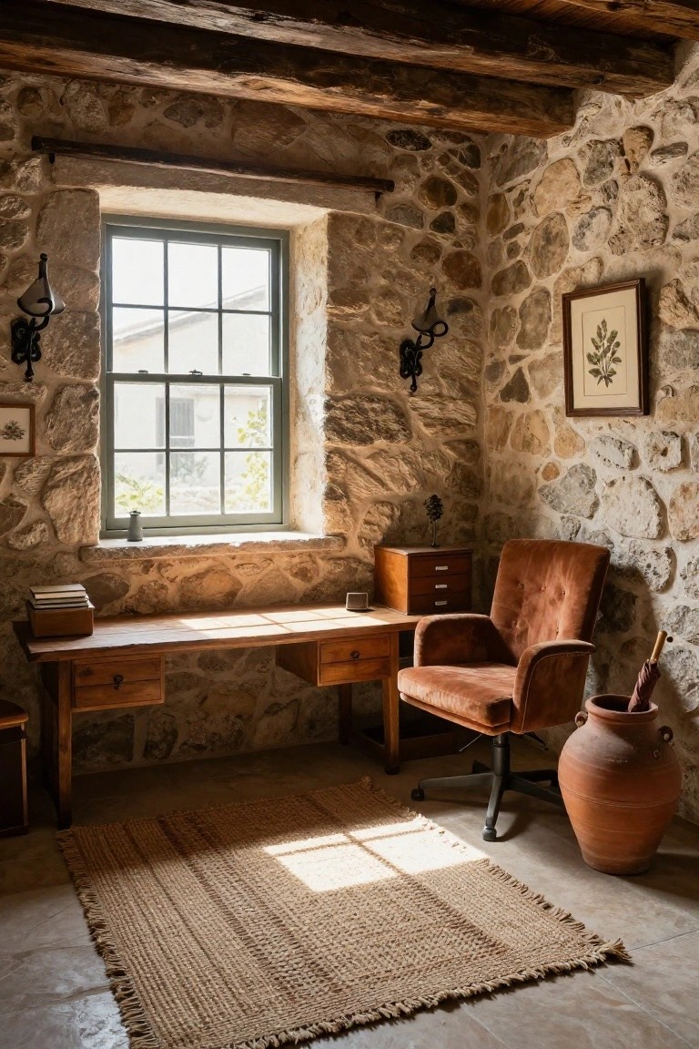 Small office interior with exposed stone walls, wooden beamed ceiling, wooden desk with stacked books, brown leather chair on casters, large window with green view, framed botanical print, wooden cabinet, terracotta pot, and jute rug on stone floor.