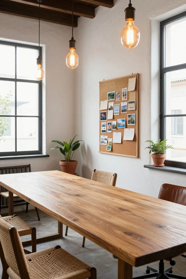 Bright office interior with long rectangular wooden table, rattan and leather chairs, potted plants on windowsills and floor, corkboard with pinned photos and notes on white wall, exposed beams, and pendant lights over large windows.