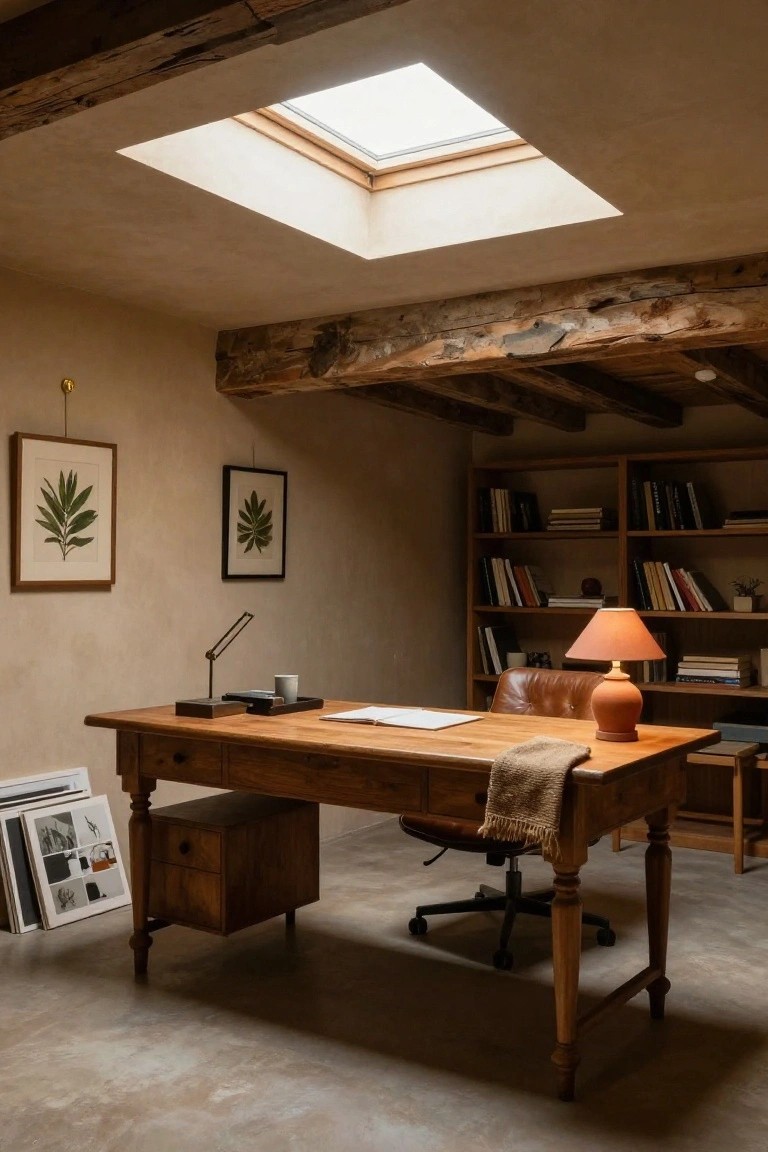 Home office with exposed wooden ceiling beams, wooden desk, leather chair, bookshelves, potted plants in frames, and skylight overhead.