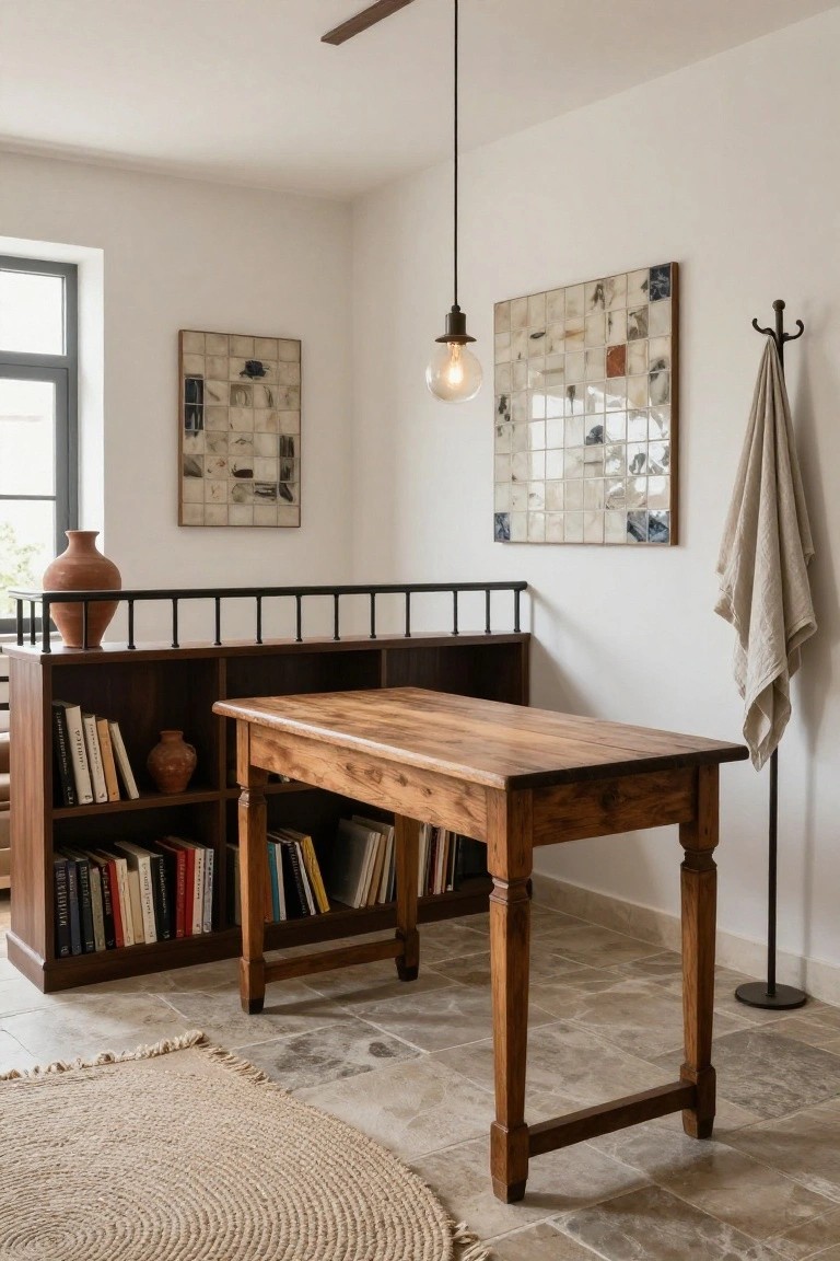 A wooden desk integrated into built-in bookshelves in a white-walled room with a black metal railing, art on walls, a hanging towel, and a round jute rug on a stone tile floor.