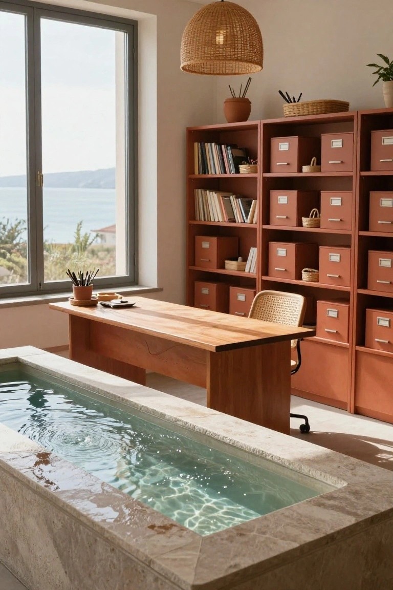 Office interior featuring a wooden desk with rattan chair, terracotta shelving and cabinets filled with books and bins, potted plants, and a shallow turquoise pool built into the stone floor beside the desk, with large windows showing a sea view.