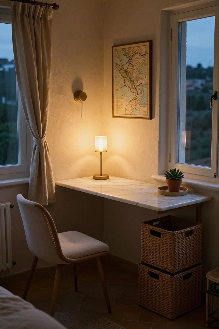Cozy corner home office with floating white marble desk topped by gold table lamp and potted succulent, beige upholstered chair, stacked woven baskets below desk, framed map on wall, linen curtains on large windows, and dusk view outside.