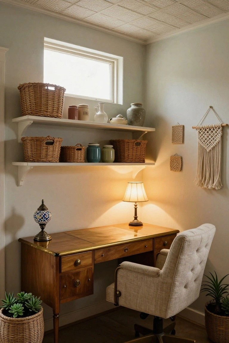 Corner home office with wooden desk featuring brass trim and drawers, beige tufted chair, table lamp, open shelves holding wicker baskets and ceramic jars, potted succulents, macrame wall hangings, and a clerestory window.