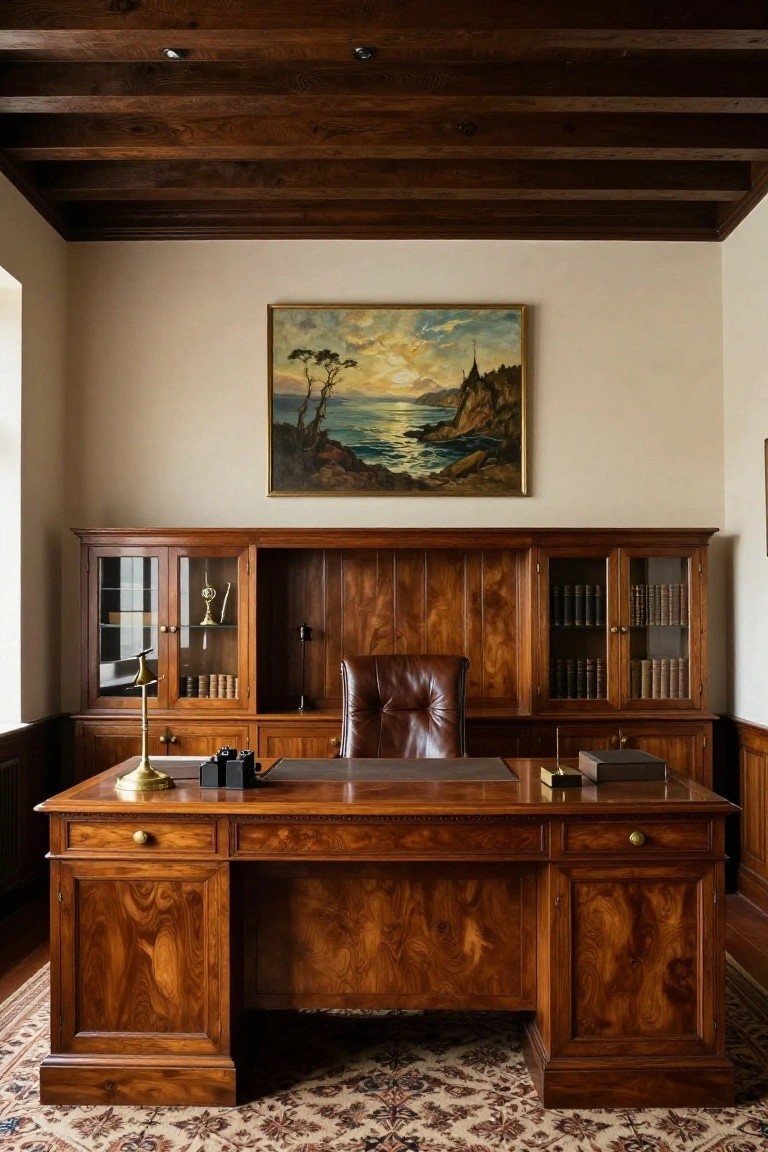 Home office featuring dark exposed wood beam ceiling, large wooden desk with leather chair, matching wooden cabinetry with glass doors and books, brass lamps, and landscape painting on cream wall.