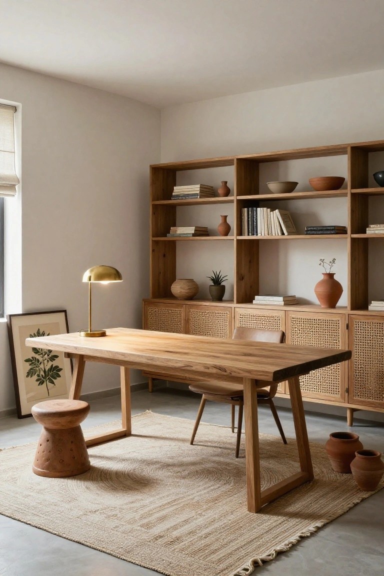 A light home office featuring a large wooden trestle desk with a chair, gold desk lamp, rattan-fronted cabinets and open wood shelving holding books and pottery, a potted plant, framed botanical art, and a seagrass rug on a concrete floor.