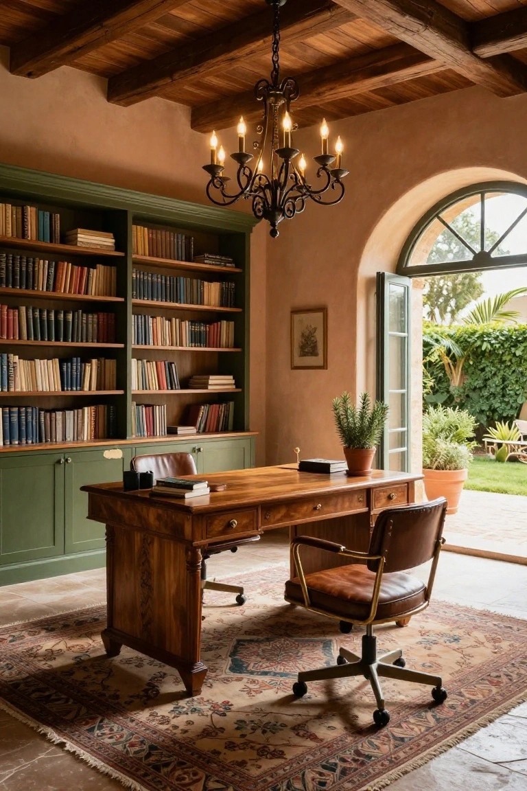 Home office interior with green built-in bookcases filled with books, large wooden desk, leather armchair on wheels, brass chandelier, and open arched French doors revealing a garden patio.