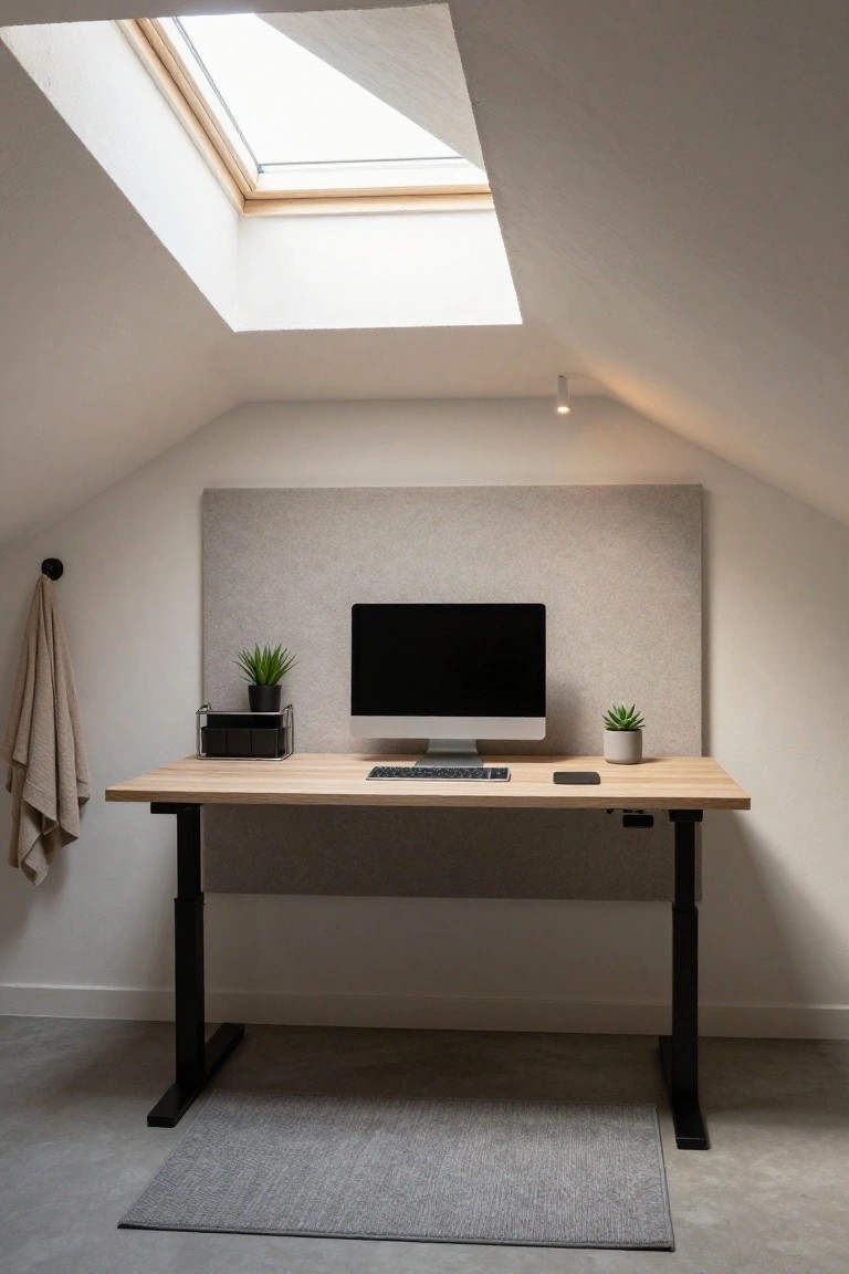 Attic home office featuring a height-adjustable wooden desk with an iMac monitor, keyboard, two potted plants, a black desk organizer, a hanging towel on a hook, gray acoustic wall panel, skylight above, and gray rug on concrete floor.
